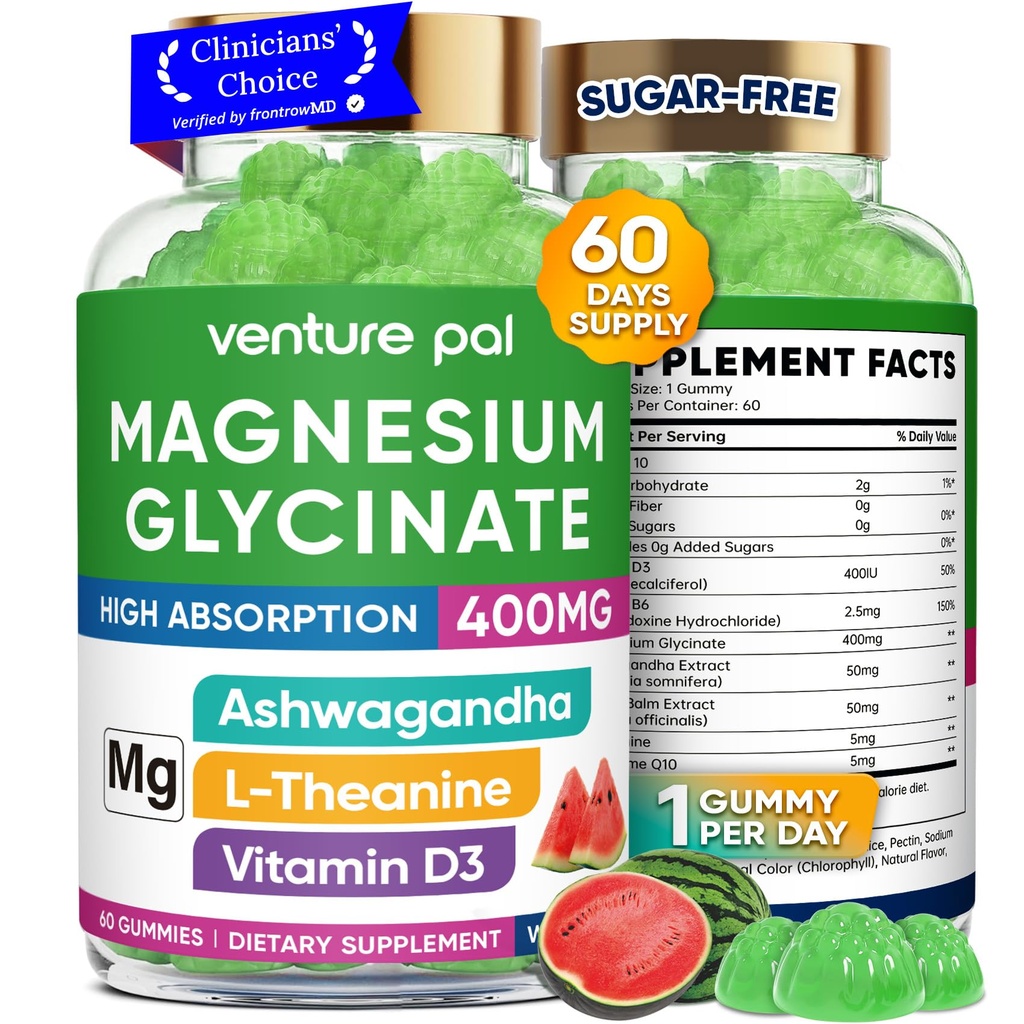60 Day Supply Magnesium Glycinate 400mg Gummies med Ashwagandha, L- Theanine, CoQ10, Vitamin D3 & B6, Sukker fri Magnesium Gummies for voksne & børn, Stress Relief, Sleep & Calm, Vegan, Gluten Free