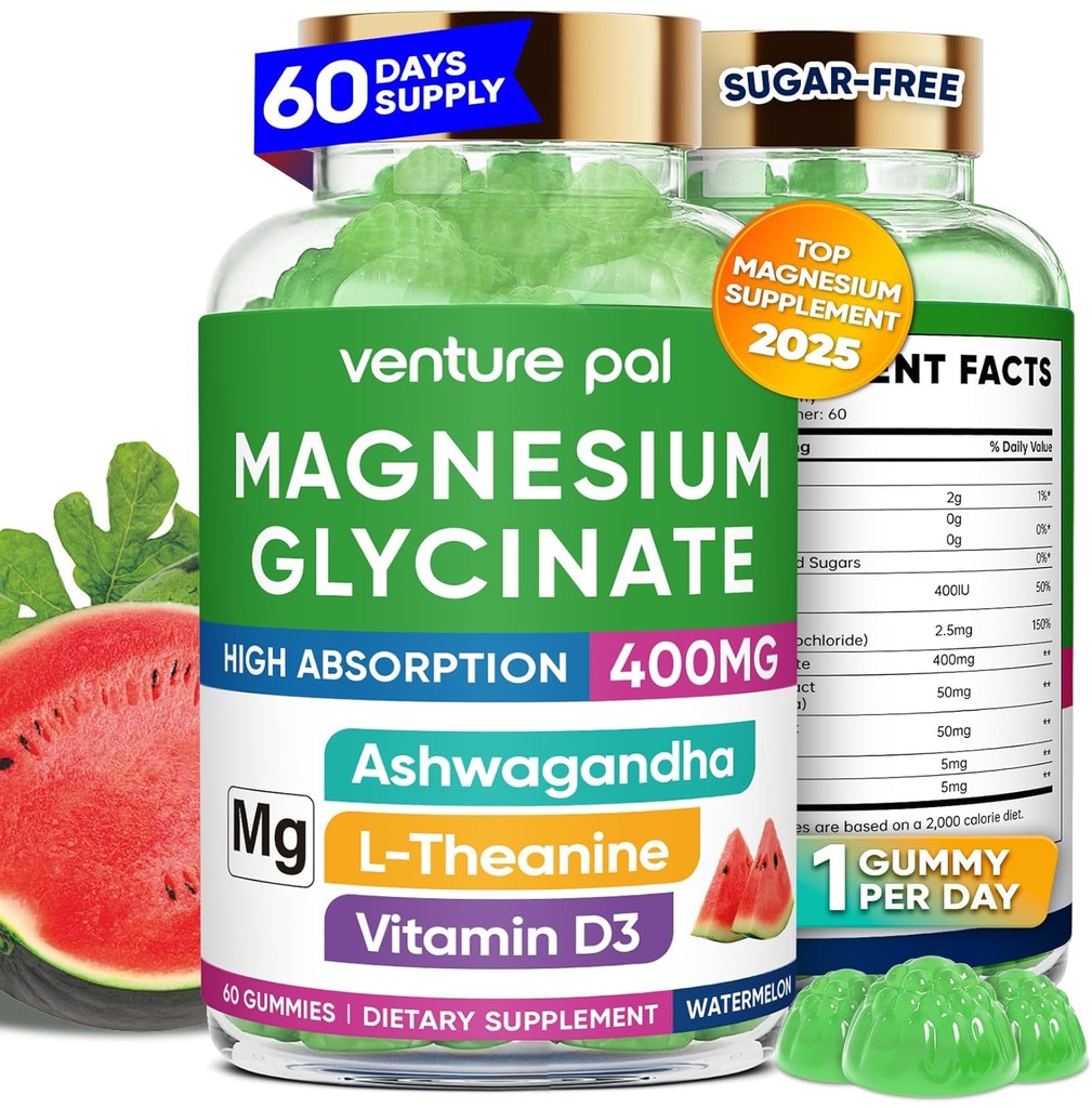 60 Day Supply Magnesium Glycinate 400mg Gummies med Ashwagandha, L- Theanine, CoQ10, Vitamin D3 & B6, Sukker fri Magnesium Gummies for voksne & børn, Stress Relief, Sleep & Calm, Vegan, Gluten Free