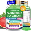 60 Day Supply Magnesium Glycinate 400mg Gummies med Ashwagandha, L- Theanine, CoQ10, Vitamin D3 & B6, Sukker fri Magnesium Gummies for voksne & børn, Stress Relief, Sleep & Calm, Vegan, Gluten Free