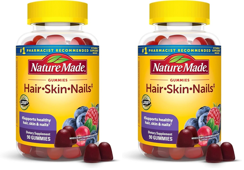 Nature Made Hår Hud og negle med Biotin 2500 mcg, Kosttilskud til sundt hår, hud & negle Support, 90 Gummies, 45 Day Supply (pakke med 2)