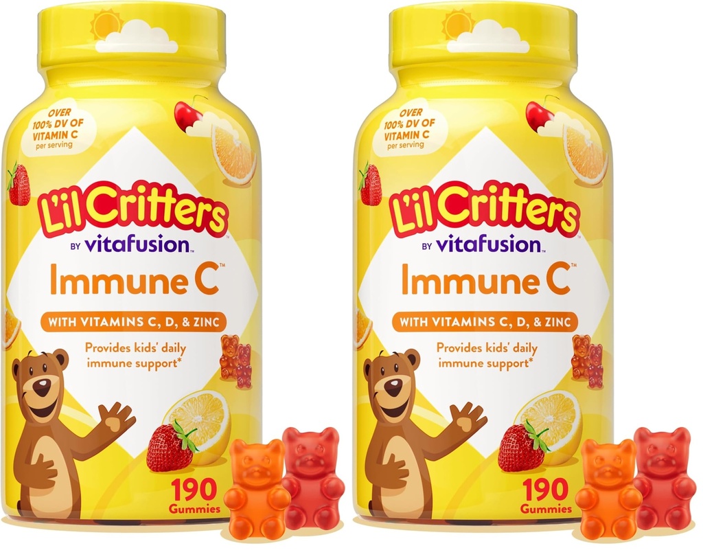 L 'il Critters ImmunC Daily Gummy Supplement Vitamin til børn, til C-vitamin, D-vitamin og zink til immunforsvar, Orange, Lemon og Cherry Flavors, 190 Gummies (pakke med 2)