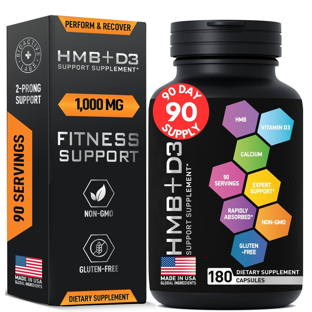 HMB Kosttilskud med vitamin D3 - 1.000mg Calcium Beta- Hydroxy Beta- Methylbutyrat per servering for muskelvækst, styrke & inddrivelse - 180 Gluten- fri, Non- GMO HMB kapsler, 3-måneders forsyning