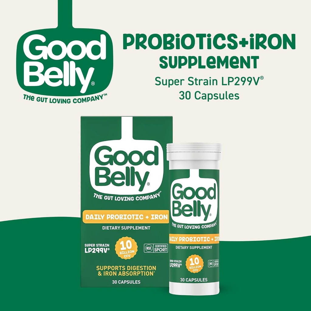GoodBelly Probiotic Capsules for Digestive Health & Iron Absorption | Vegan Probiotic Supplement with 10 Billion Live Cultures | Probiotics for Women & Men | 30 Capsules