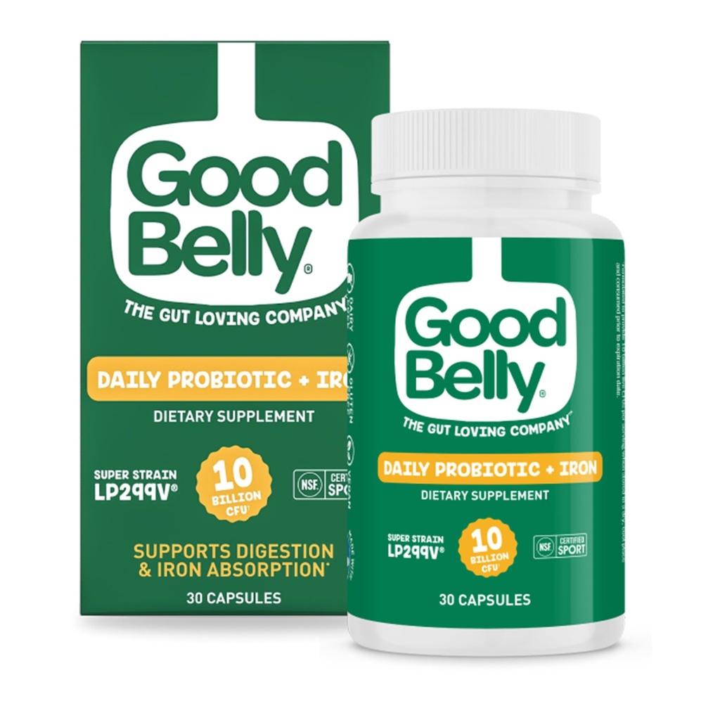 Goodbelly probiotiske kapsler til fordøjelsessygdomme & Iron Absabsorbate 124; Vegansk probiotisk supplement med 10 Millioner levende kulturaktiviteter
