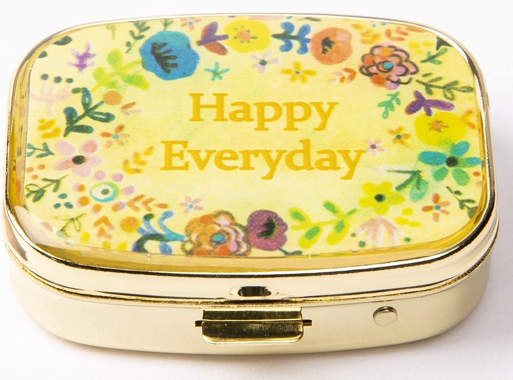 AmyZone Metal Pill Organizer Travel Friendly Portable Compact Pill Box Cute Pill Case at holde vitaminer / Tylenol / Fish Oil / Kosttilskud / Meds / Tablet til purse / Pocket (Happy Everyday)
