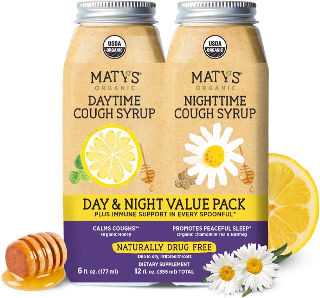 Matys Organic Voksen Hoste Syrup Dag & Night Value Pack for voksne og børn 12 år + Up, Lindrende Daytime & Nighttime Hoste Relief w / Organic Honey & Zink, Alkohol & Drug Free, 2 Pack, 6 Fl Oz Hver