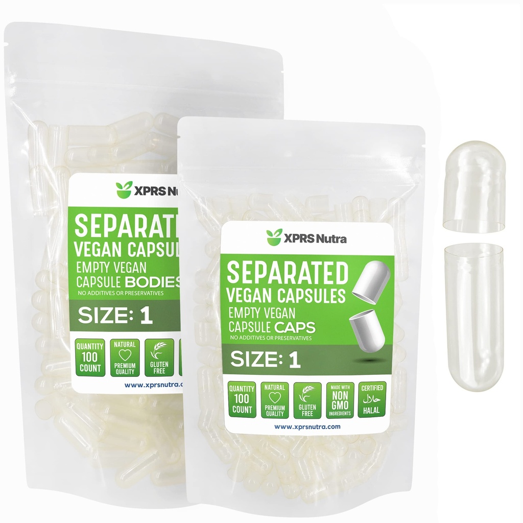 XPRS Nutra Vegan Størrelse 1 Separated Kapsler - 100 Count Clear Premium Tomme Kapsler Separeret i poser - Piller 1 Tom for DIY Supplement Fyldning