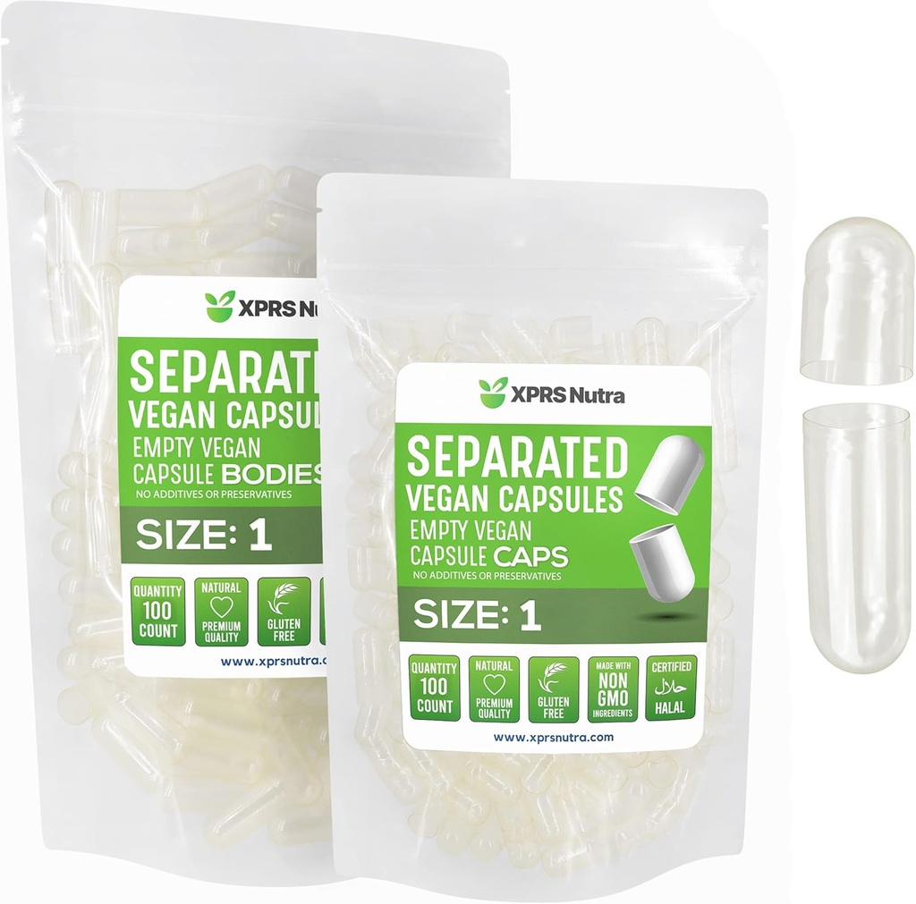 XPRS Nutra Vegan Størrelse 1 Separated Kapsler - 100 Count Clear Premium Tomme Kapsler Separeret i poser - Piller 1 Tom for DIY Supplement Fyldning