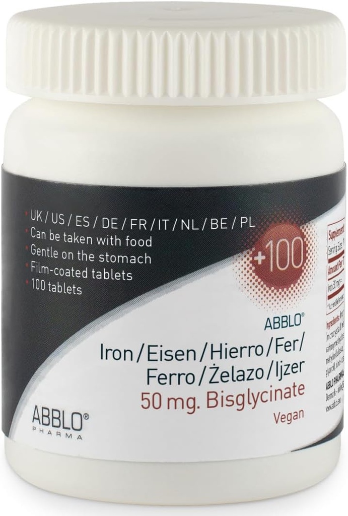 50 mg. Iron BISGLYCINAT (100 Enheder) ABBLO er blid på Maven & Kan tages med mad.