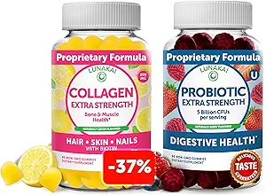 Lunakai Collagen og Probiotiske Gummies Bundle - Non-GMO, Gluten Free - Anti Aging, Hårvækst, hudpleje & stærke negle og fordøjelsessygdomme - 30 dages forsyning