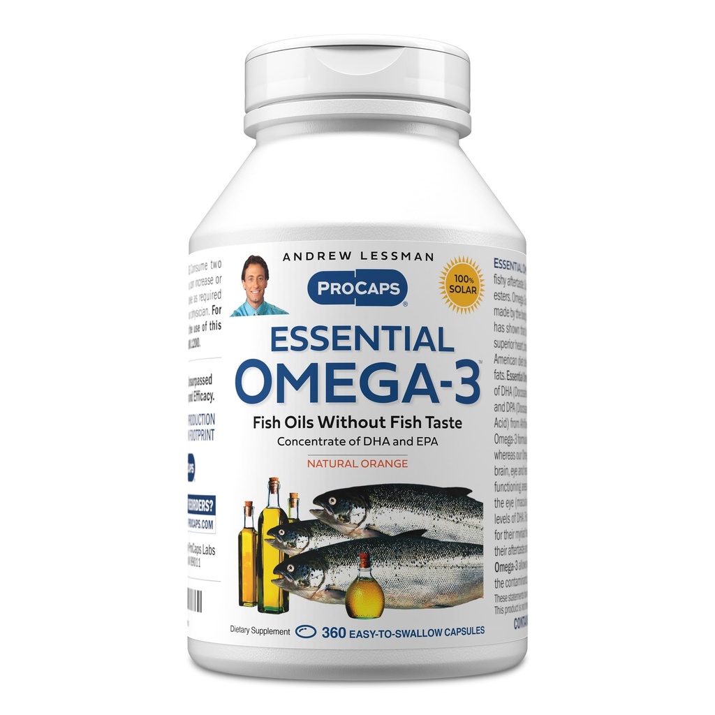 ANDREW LESSMAN Essential Omega-3 Orange - 360 Softgels - Ultra-Pure, High Potence Omega-3 Olies. Høj DHA, ingen stomach, ingen kontaminanter, ingen kviksølv. Lille let at synke bløddele