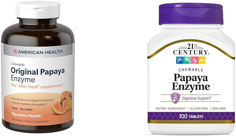 Amerikansk sundhed Papaya fordøjelsesmiddel Enzyme tyggetabletter 600 greve og 21. Century Tropical Papaya Enzyme tyggetabletter 100 Greve Bundle