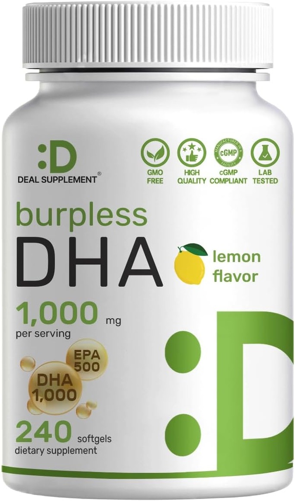 DHA Supplements | 240 Softgels, Burpless, Lemon Flavor, DHA 1000mg + EPA 500mg, Wild Caught Fish, Rich in Omega-3s, Mercury Free, Non-GMO, Support Brain Heart & Joint Health