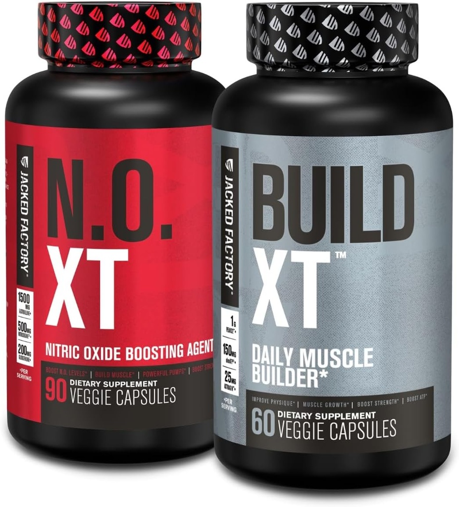 Jacked Factory Muscle Builder Supplement Stack - Build-XT Muscle Builder & N.O. XT Nitric Oxide Boosting Agent for Dual Support (30 Day Supply)