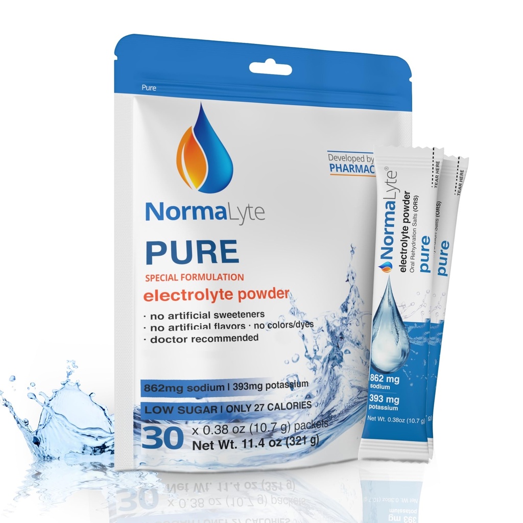 NormaLyte Oral Rehydration Salts- Hjælper Diæthåndtering af POTS syndrom Symptomer -1 Pouches - 30 sticks (Yields 500ml per pakke) -Pure Measures 124; Energitilskud, Kalium supplement, Dehydrering Inddrivelse