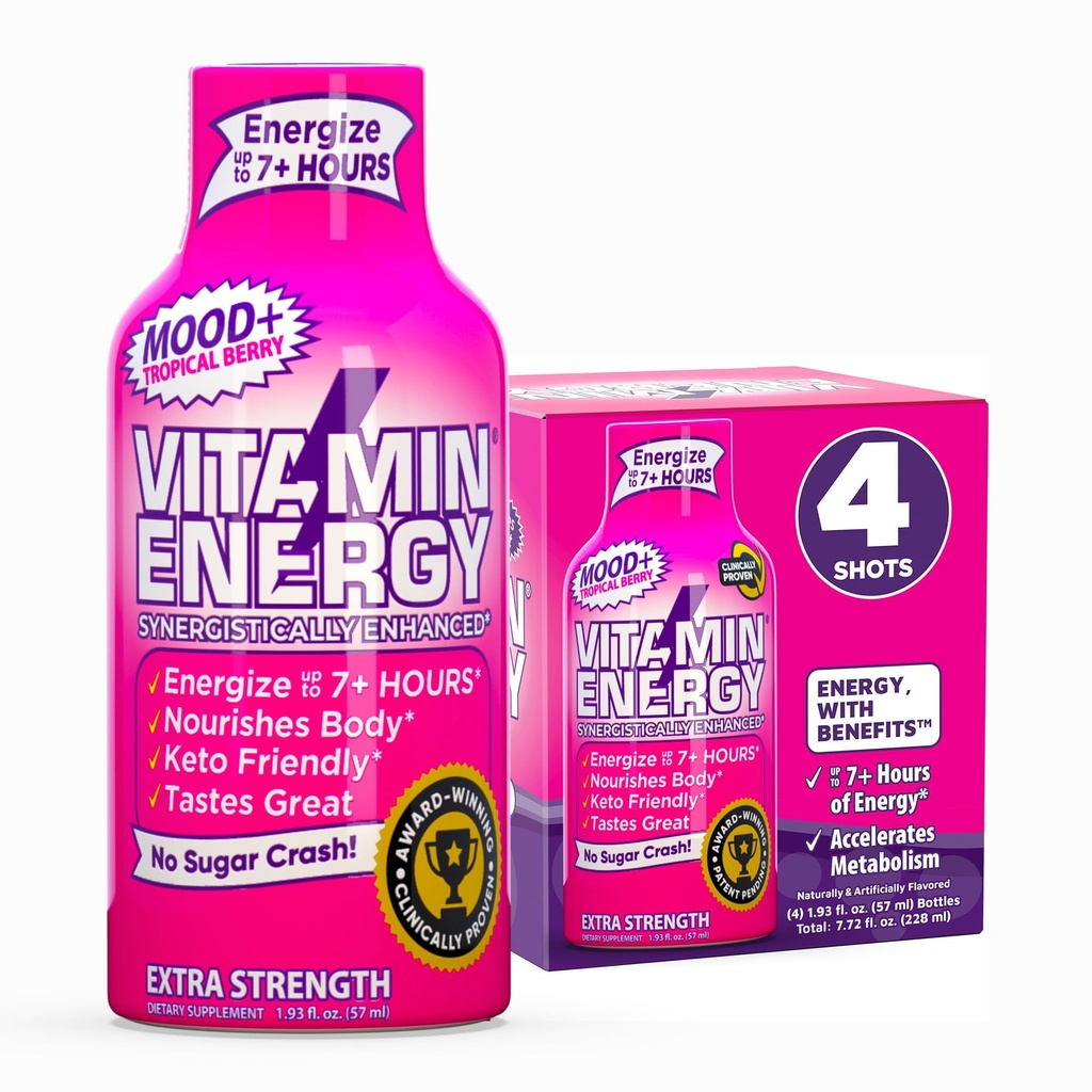 Vitamin Energi Mood + Ekstra Styrke Energi Shot Tropisk Berry 4 Pack, 260mg Naturlig Koffein, B- Vitamin, Rhodiola, Kamille, Mood & Energy Support, Zero Sugar, Gluten- Free, Vegan, 1,93 fl oz