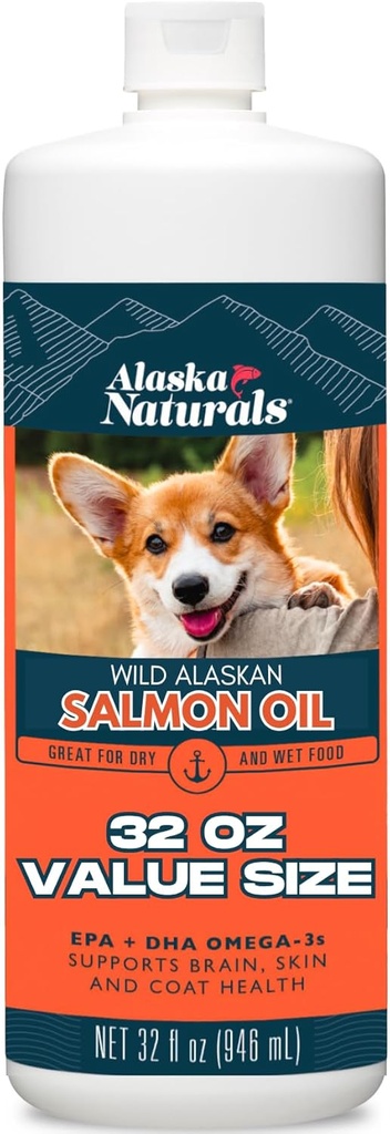 Alaska Naturals Wild Alaska Salmon Fish Oil Supplement for Hunde Hud og Coat med EPA DHA Omega 3 Fedtsyrer flydende mad Topper 32 oz.