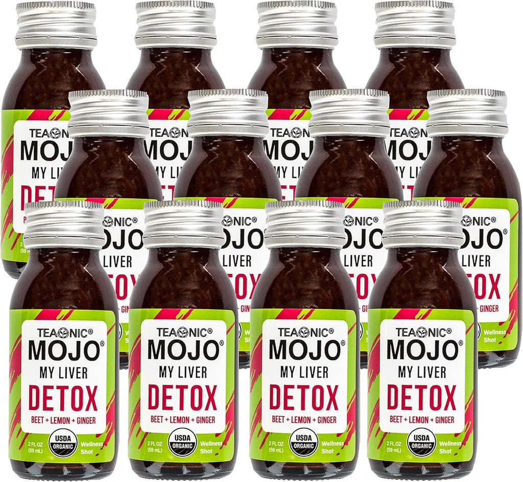 TEAONIC Min lever Mojo: Detox, Wellness Mojo Shots med sort peber, Beet, og Lemon Juice, USDA- Certified, Koffein Free, Gluten- Free, 2 Fl. Oz Hver, Pack of 12