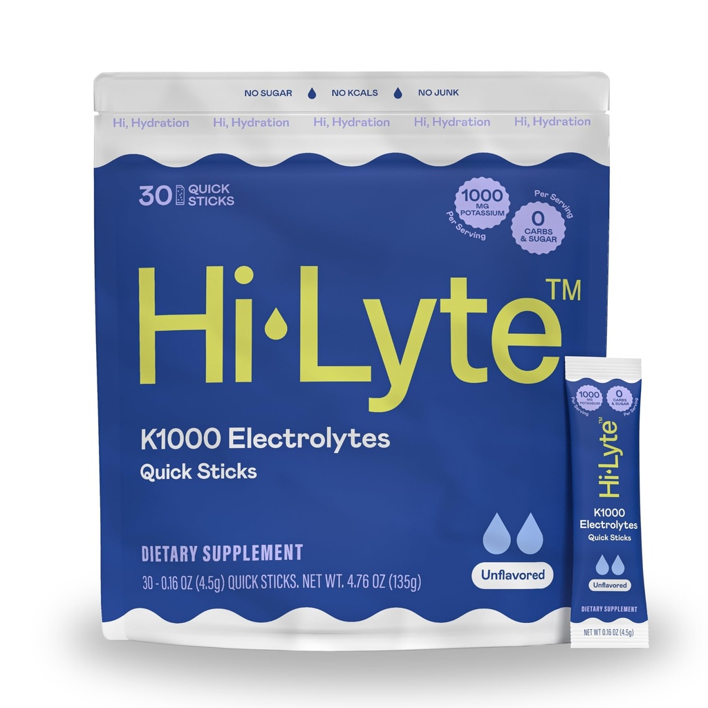 Hi- Lyte K1000 Electrolytes Sticks Unflavored Keto & Performance, 30 Servere