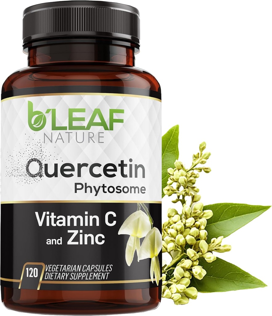 B 'LEAF NATUR Quercetin Phytosome, 120 Kapsler - 1000mg Høj Absorption Quercetin med C-vitamin og zink - non-GMO Vegetar Quercetin Supplement for immun, energi, hjerne og sæsonbetinget støtte