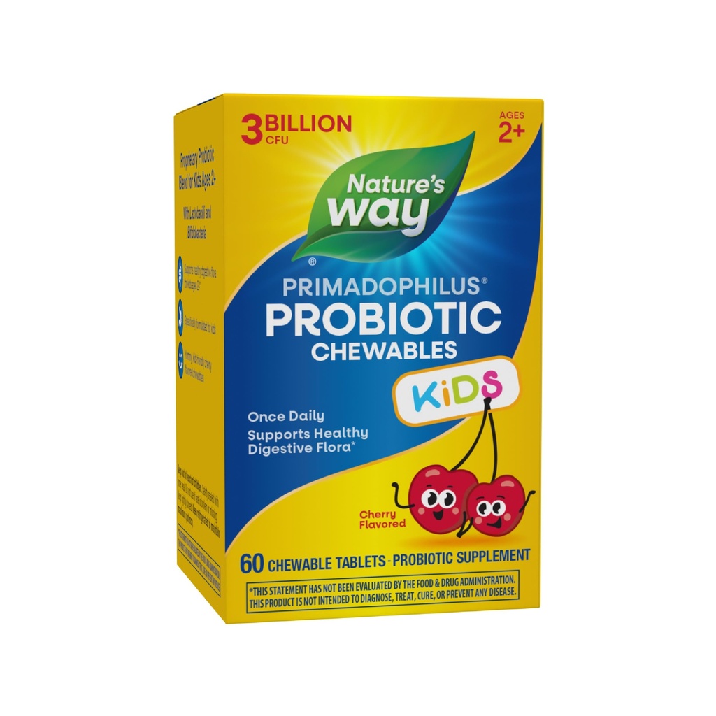 Nature 's Way Primadophilus Probiotiske Chewables for Kids, Understøtter sund fordøjelsesflora *, for Kids Age 2 +, 3 milliarder CFU, 60 Cherry Flavored Chewables (Packaging May Vary)