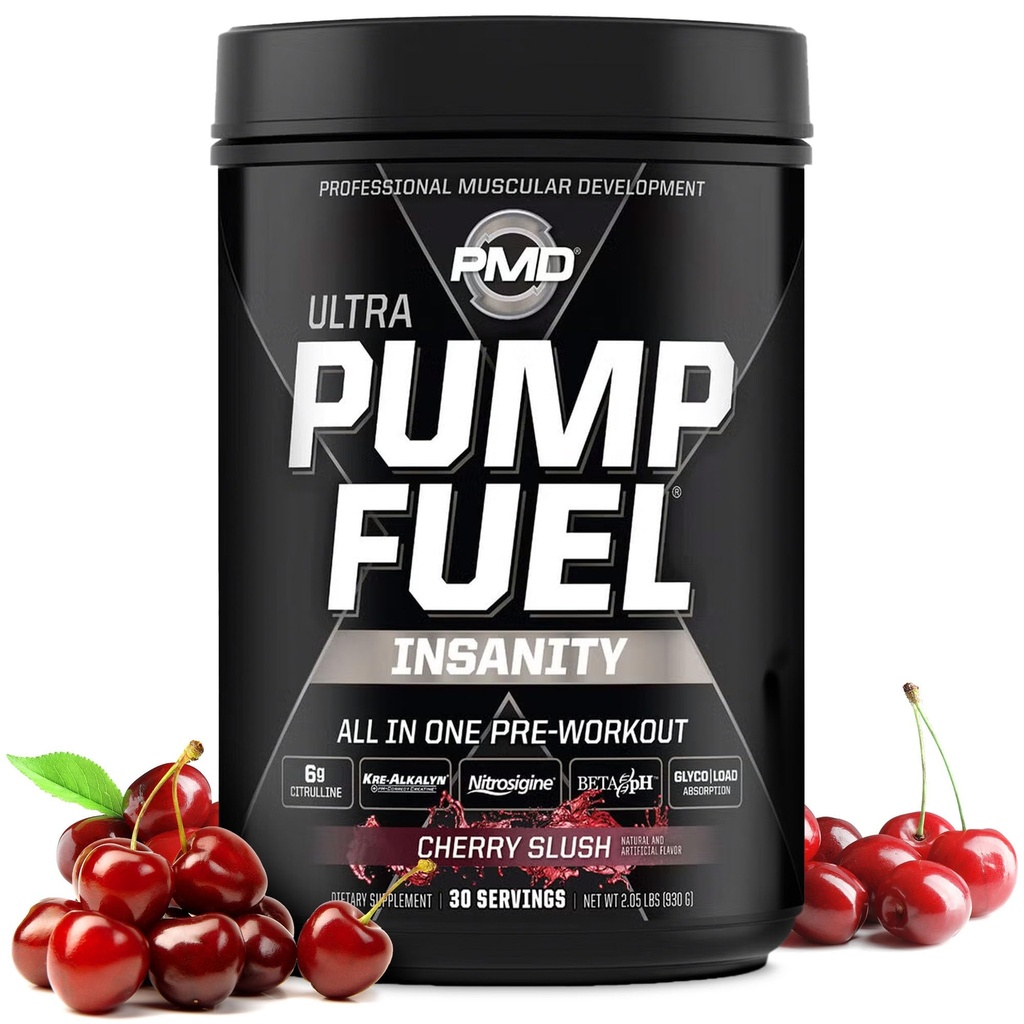 PMD Sports Pump Fuel Ultra Insanity - Premium Pre Workout Powder & Muscle Pump, Greater Focus, Endurance & Recovery, Premium Creatin, Arginin & Beta Alanine - Cherry Slush (30 Servere)