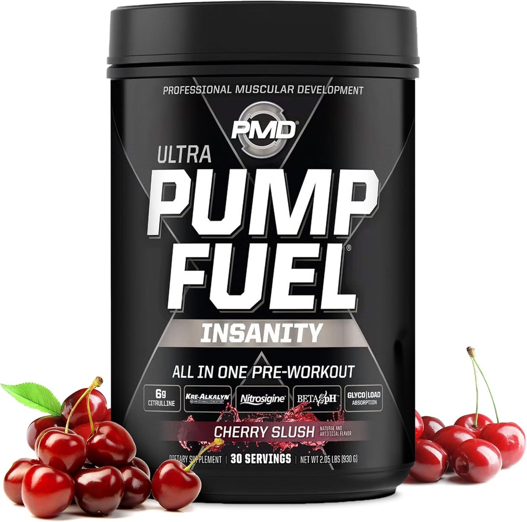 PMD Sports Pump Fuel Ultra Insanity - Premium Pre Workout Powder & Muscle Pump, Greater Focus, Endurance & Recovery, Premium Creatin, Arginin & Beta Alanine - Cherry Slush (30 Servere)