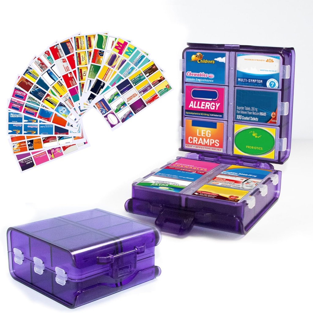 Stor Pill Organizer med Medicine Labels, Pill Dispenser 12 -Segment Travel Medication Storage Case, 7-Day Pill Box til vitaminer og kosttilskud (lilla, 161 Labels)