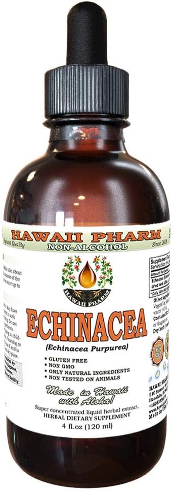 Echinacea Alkohol- Free Liquid Extract, Organic Echinacea (Echinacea Purpurea) Tørret Herb Glycerite Hawaii Pharm Natural Herbal Supplement 4 oz
