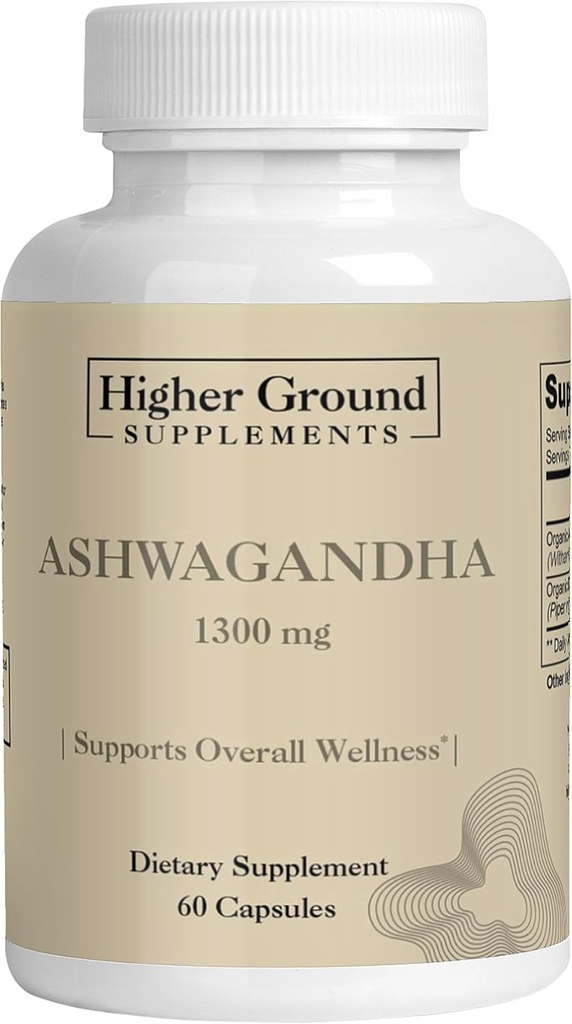Ashwagandha med sort pepper; urtetilskud til stress relief, mood enhancement, immunsystem, kognitiv funktion, ammel regulering; Kolesterol Nivels • 124; Non- GMO • 124; Gluten- fri • 124; 60 kapsler