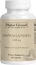 Ashwagandha med sort pepper; urtetilskud til stress relief, mood enhancement, immunsystem, kognitiv funktion, ammel regulering; Kolesterol Nivels • 124; Non- GMO • 124; Gluten- fri • 124; 60 kapsler