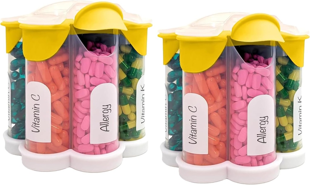 Ekstra Stor Pill Organizer Daglig, Ugentlig, Månedlig Supplement Flaske, Cute Blossom Pill Dispenser med 7 XL kompartmenter (2 Pack Combo) (Gul 2 Pack)
