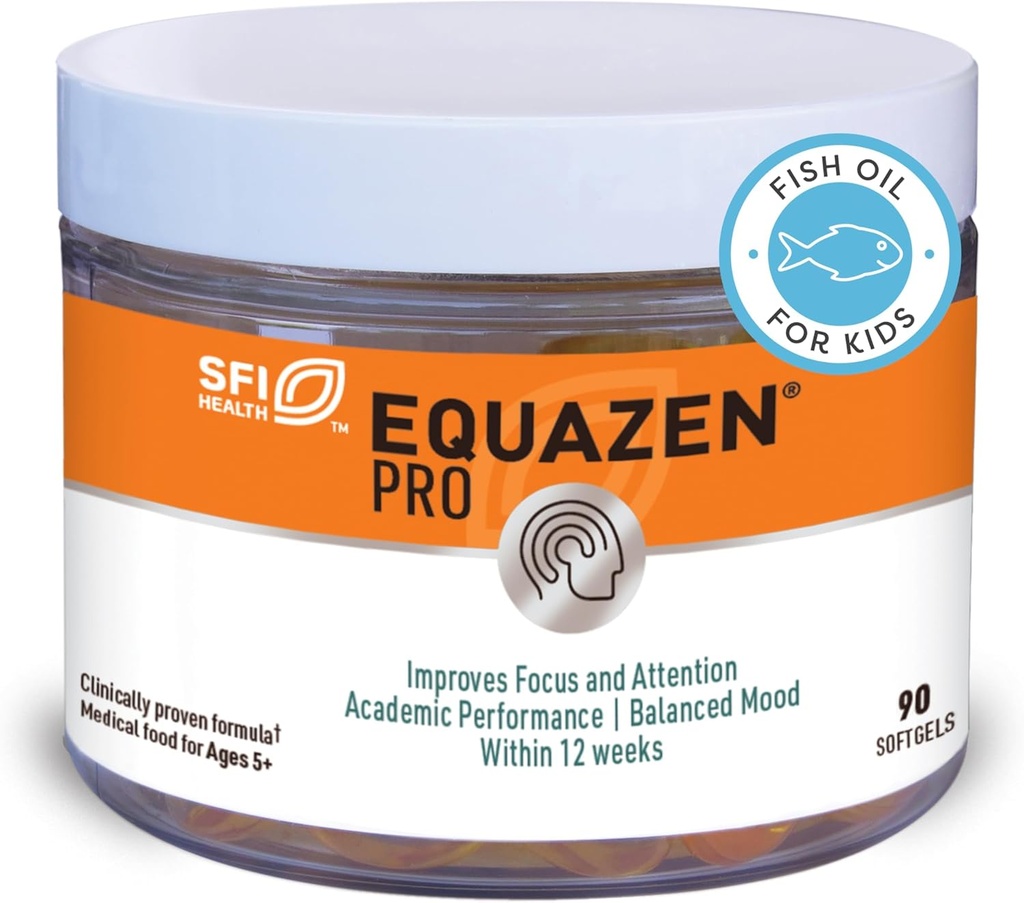 Equazen PRO Fish Oil for Kids - Klinisk testet for at forbedre fokus, Learning + Behavior hos børn, Teens - DHA / EPA Omega-3 + Omega- 6 Supplement til Brain Support * (90 Softgels / 30 Servering)