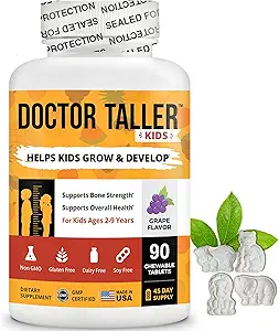 Doctor Taller Kids - Kids Multivitaminer, Toddler Vitaminer - Support Bone Strength, Forstærket Immunitet med Calcium, Multivitaminer til alderen 2 til 9 - Grape Flavor - 90 Chewable Tablets