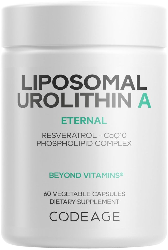 Codeage Liposomal Urolithin A Supplement 500mg Per Serving + Resveratrol, Betaine, CoQ10, Ellagitannins - A New Frontier Beyond NADH, NMN, NAD, NR, og PQQ Vitaminer - Bioavailable - 60 Kapsler