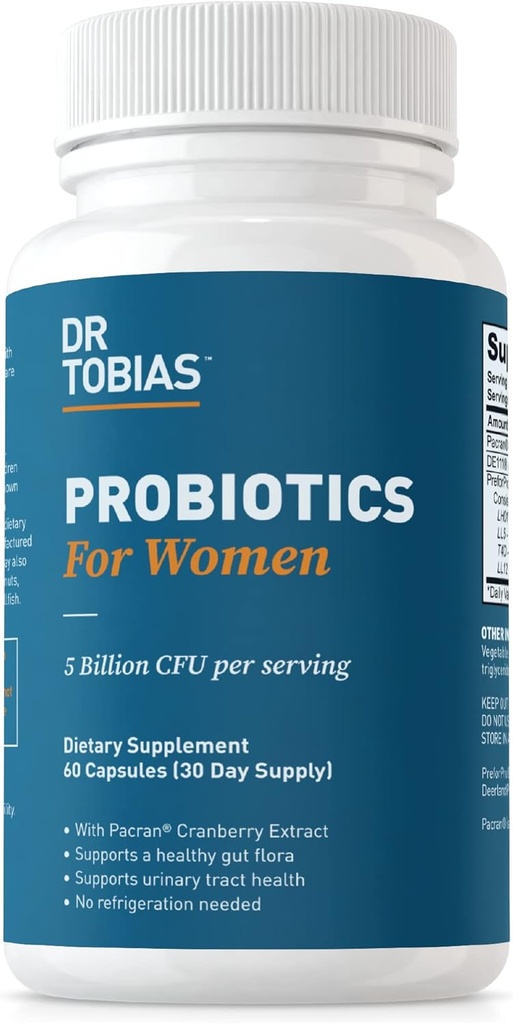 Dr. Tobias Probiotika for kvinder, 5 milliarder CFU 'er Plus Prebiotika & Cranberry Extract for Urinary Tract Sundhed for kvinder, Understøtter fordøjelse og immunforsvar, 60 kapsler, 30 Servere