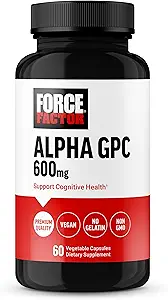 FORCE FACTOR Alpha GPC Brain Supplement for Memory and Focus, Mood Support Supplement med Alpha GPC 600mg, Premium kvalitet, Vegan, Non- GMO, 60 kapsler