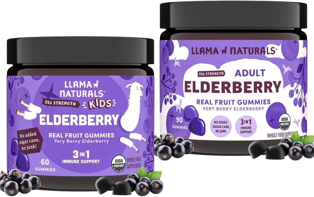 Llama Naturals Real Fruit Sambucus Elderberry Gummies for Kids & Voksen124; Ingen tilsat sukkerrør, Vegan, Organic immunsupported 124; Zink & Natural Vitamin C Budd124; Plant- baseret, Chewable Gummies for Hele Fa
