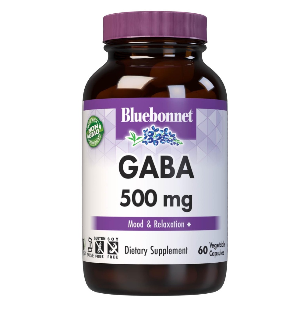 BlueBonnet Nutrition GABA 500mg, for Stress Relief *, Understøtter Afslapning *, Kosher, Vegan, Gluten- Free, Soy- Free, Non- GMO, 60 Vegetabilske kapsler, 60 Servering