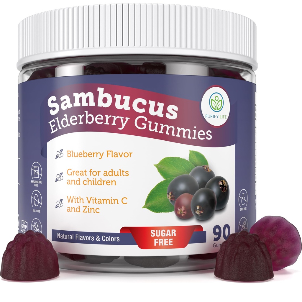 Rens liv Sugar- Free Elderberry Gummies med C-vitamin og zink til voksne og børn, immuntilskud for respiratorisk sundhed, Sambucus Elderberry Antioxidant Gummies - Vegan, 90 Greve
