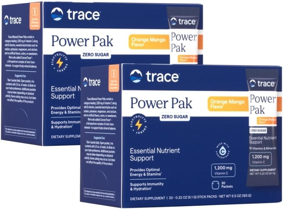 Trace Minerals Power Pak Multivitamin og Multimineral Pakker - Electrolyte Support - 1200 mg C-vitamin plus 70 + Trace Minerals - Sugar Free - Orange Mango Flavor - 60 Pakker