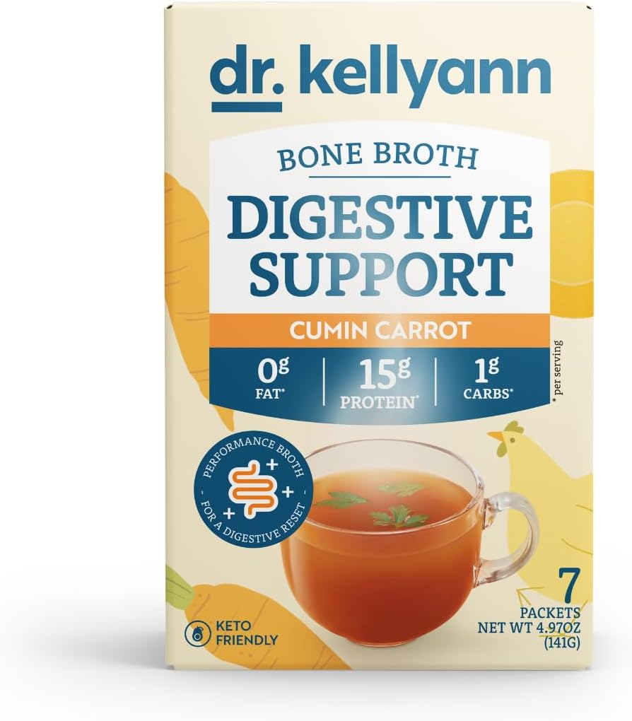Dr. Kellyann Bone Broth + fordøjelsesstøtte collagen pulver pakker (7 Servere, 1 Box), 16g protein / servering, 100% grass- Fed hydrolyzed collagen pulver, Keto & Paleo Friendly - Cumin Carrot