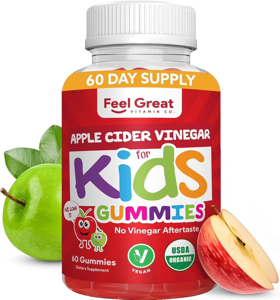Organic Kids Apple Cider Vincious Gummies af Feel Great Vitumes Measures 124; Rig i fordøjelsesenzymer & naturlige antioxidanter til Gut Health Measures 124; Kids Gummy støtter sund ernæring Absorption 124; 60 dages forsyning