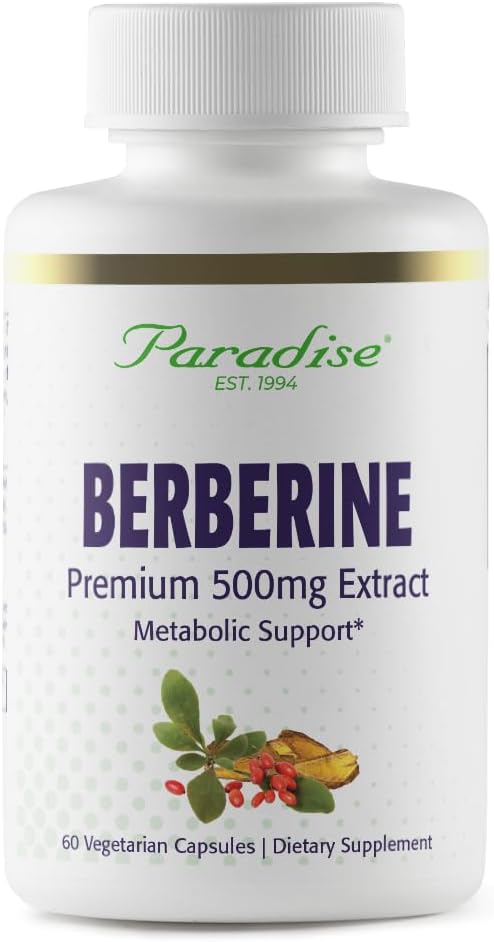Paradise Herbs, Berberine Extract, 500 mg, Pure & Potent Berberine Supplement, Vegan, Non- GMO, Gluten Free, 60 vegetariske kapsler