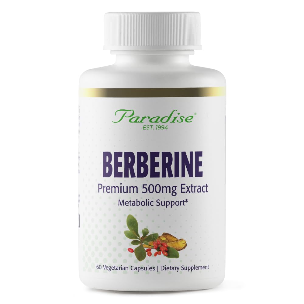 Paradise Herbs, Berberine Extract, 500 mg, Pure & Potent Berberine Supplement, Vegan, Non- GMO, Gluten Free, 60 vegetariske kapsler