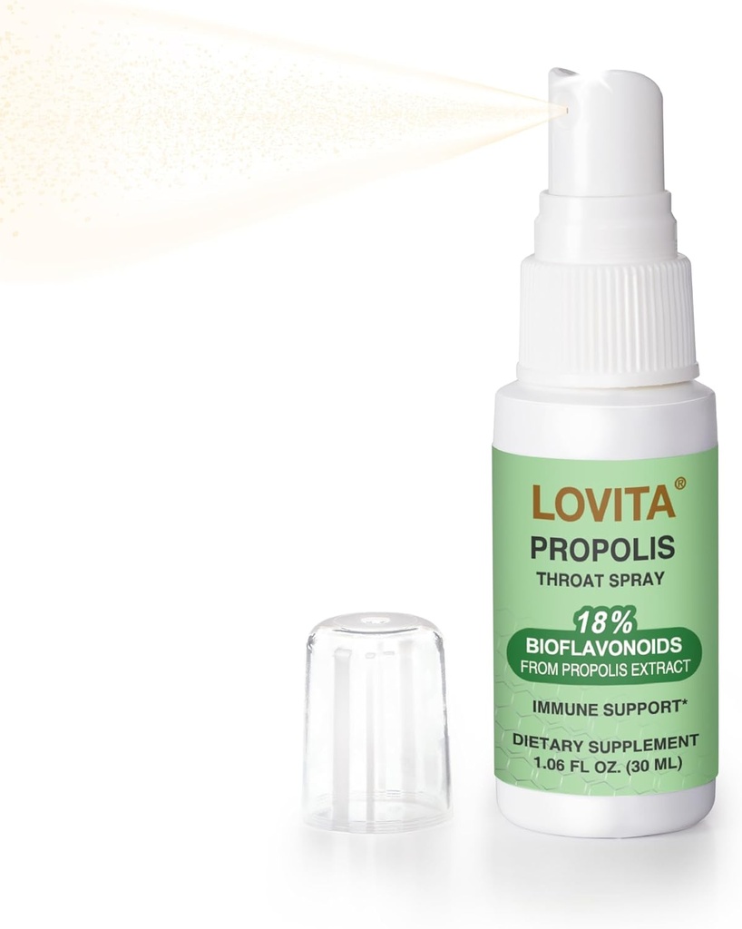 Lovita Bee Propolis Throat Spray, 18% Bioflavonoider, Alkoholfri, Immunstøtte, Throat Lindrende, Antioxidant, Gentle Taste, 1 Fl Oz (pakke med 1)