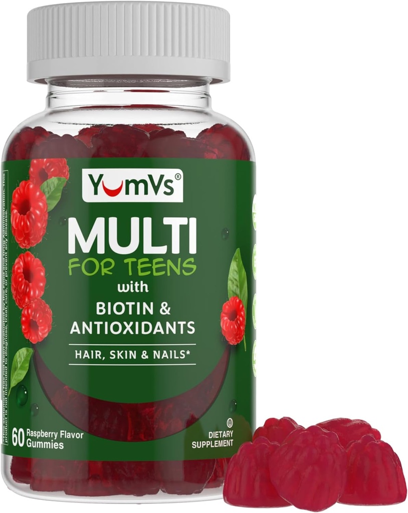 Yumvs Teen Multivitamin Gummies med biotin og antioxidanter - Raspberry Flavor - Hår Skin Nails Support - Kosher Teenager Vitaminer til drenge og piger 12- 17 - Teen Gummy Multi Vitamin (60 Greve)