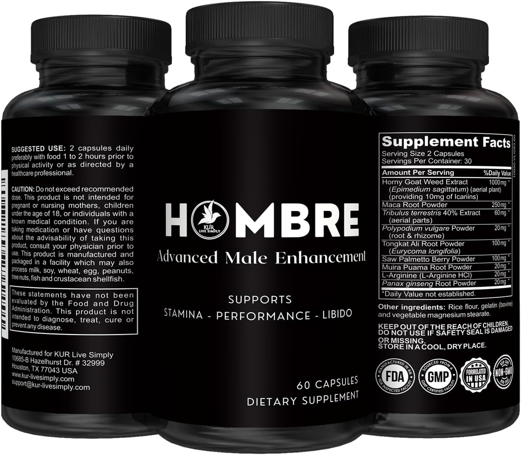 Hombre Male Enhancing Supplement - Tilføj 2 i 60 dage med vores udvidelsen piller til mænd muskelvækst - øge størrelse, styrke, Stamina - Endurance, ydeevne, Energy Booster - 60 kapsler