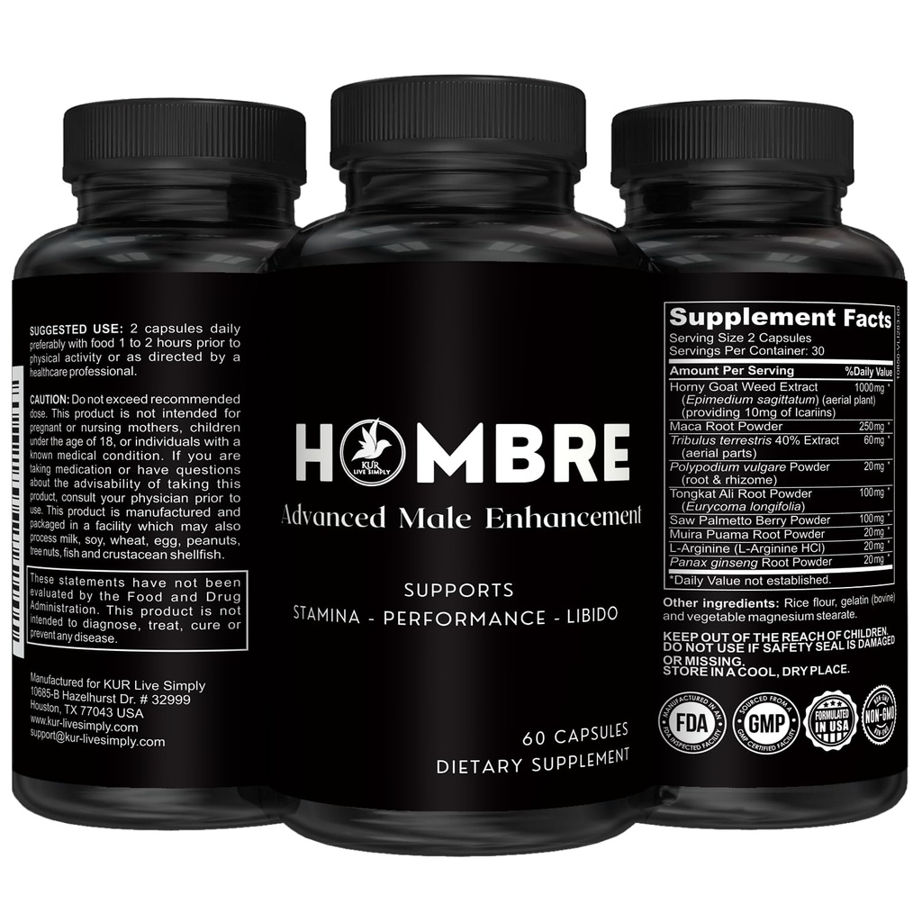 Hombre Male Enhancing Supplement - Tilføj 2 i 60 dage med vores udvidelsen piller til mænd muskelvækst - øge størrelse, styrke, Stamina - Endurance, ydeevne, Energy Booster - 60 kapsler