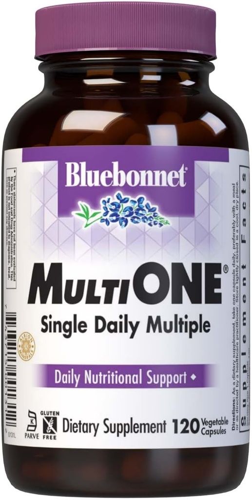 Bluebonnet Nutrition Multi One (Med jern) Vegetabilske kapsler, Komplet Fuld Spectrum Multiple Vitamin Supplement, B Vitamin, Gluten & Mælk gratis, kosher, 4 Måned Supply, 120 Greve